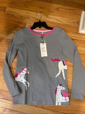 Joules Black & White Stripe Long Sleeve Top with Pink Horse Appliques